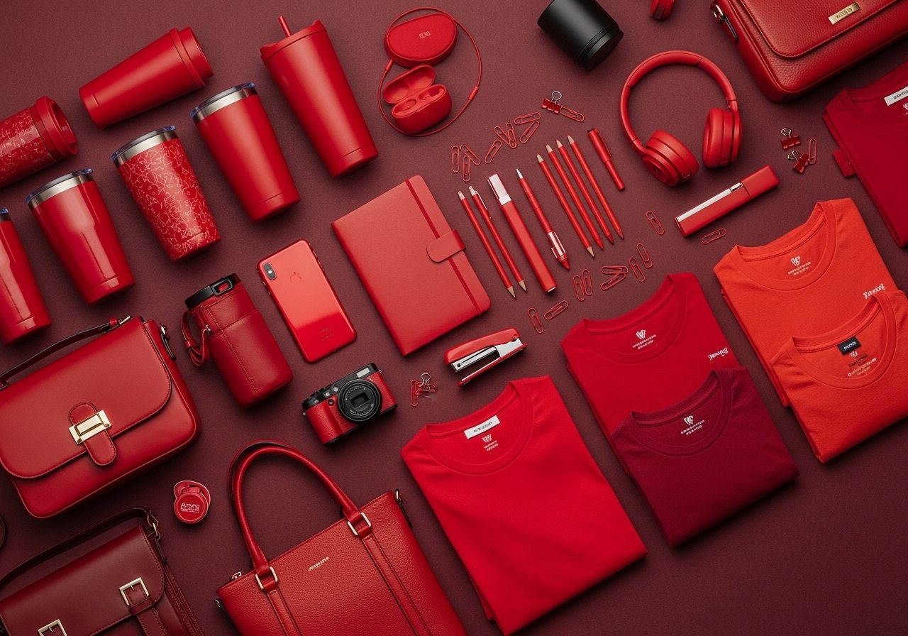 Merchandise Royal Star: tumbler, tas, kaos dan alat tulis berwarna merah